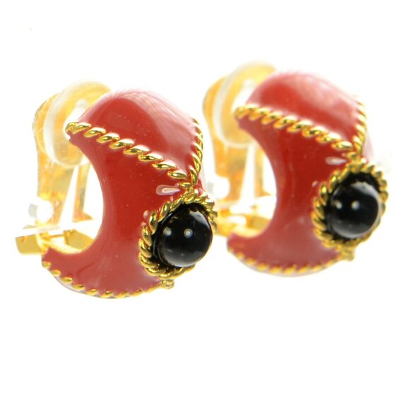 Kenneth Jay Lane KJL Red & Black Enamel Clip-on Earrings - Picture 2 of 8